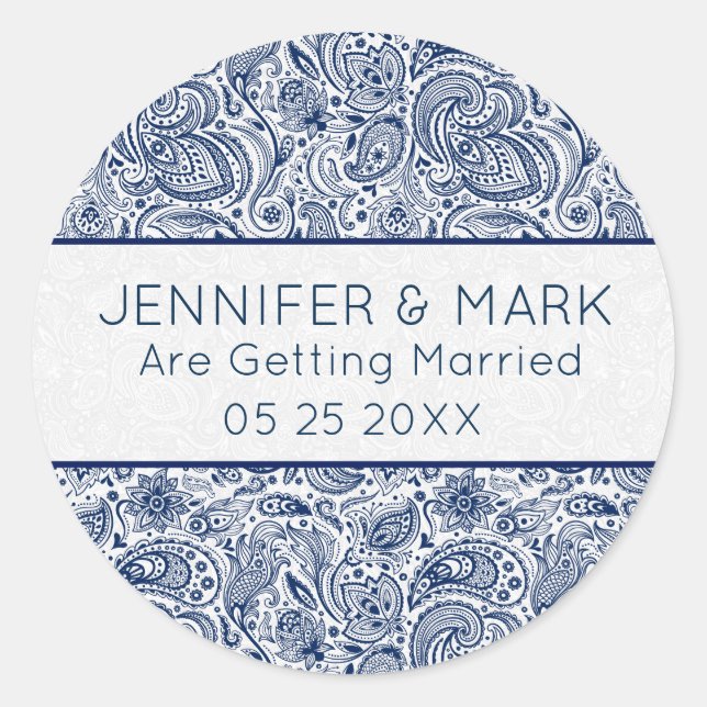 Sticker Rond Bleu Nuit Élégant & Broderie Florale Blanche Paisl (Devant)