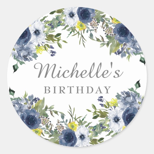 Sticker Rond Bleu Nuit Jaune Fleurs Aquarelle Anniversaire (Devant)