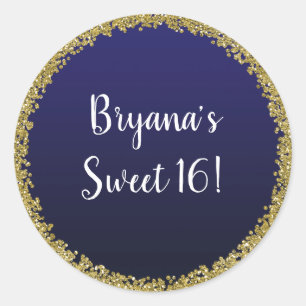 Sticker Rond Bleu Nuit Paillettes Dorées Brillantes Fête Étince