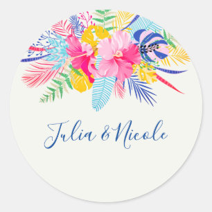Sticker Rond Bleu Nuit Rose Forêt Tropicale Émeraude Mariage