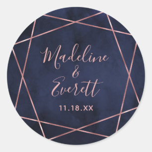 Sticker Rond Bleu Nuit & Rose Gold Géométrique Monogramme Maria