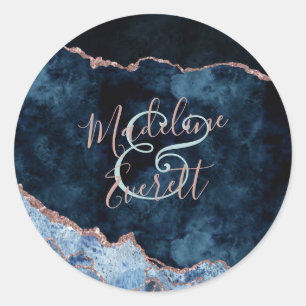 Sticker Rond Bleu Nuit Rose Or Agate Marbre Monogramme Mariage