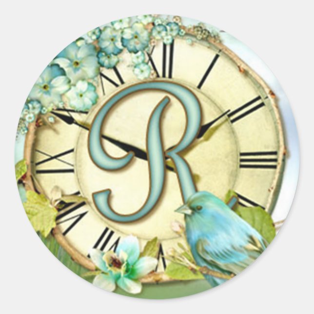Sticker Rond bleu oiseau bleu intemporel caprice lettre initial (Devant)