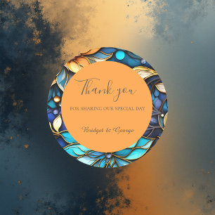 Sticker Rond Bleu & Or Floral Vitrail Mariage élégant