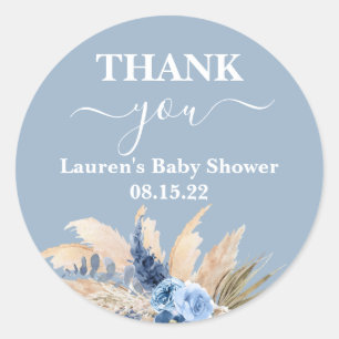 Sticker Rond Bleu Pampas Baby shower en laiton rond
