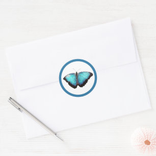 Sticker Rond Bleu Papillon Nature Art, Belle Photo Illustration