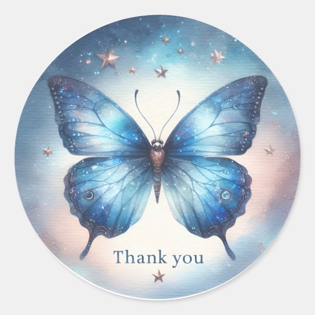 Sticker Rond Bleu Parties scintillant Stars Papillon - Merci - (Devant)