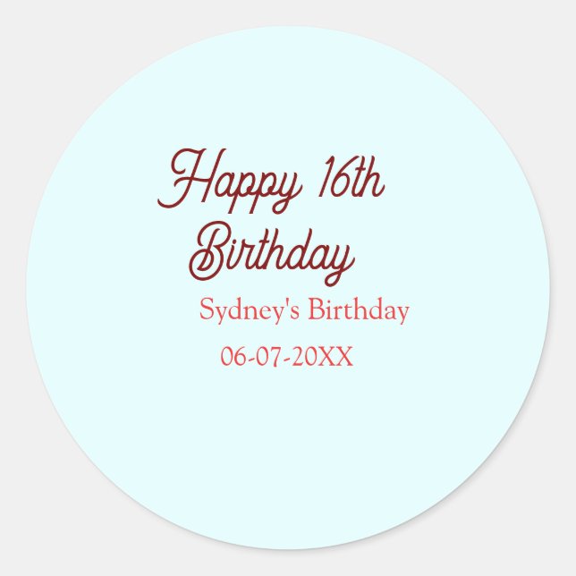 Sticker Rond Bleu pastel rouge joyeux 16e anniversaire nom date (Devant)