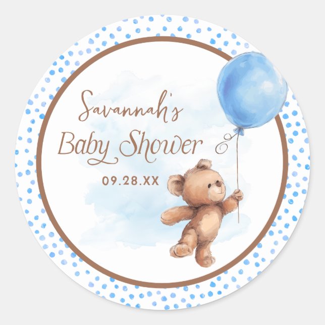 Sticker Rond Bleu Polka Dot Teddy Bear Balloon Baby shower (Devant)