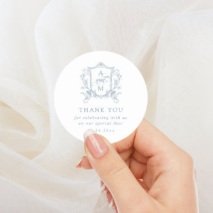 Sticker Rond Bleu Poussiéreux Crête Vintage Mariage Remerciemen