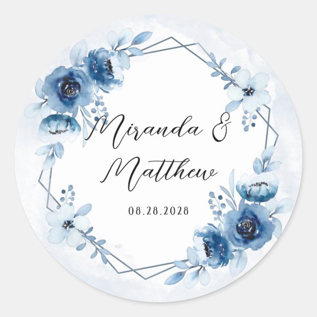 Sticker Rond Bleu poussiéreux et Mariage floral marine (Devant)