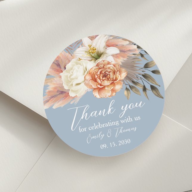 Sticker Rond Bleu poussiéreux et Merci de Mariage floral de Pêc (Créateur téléchargé)