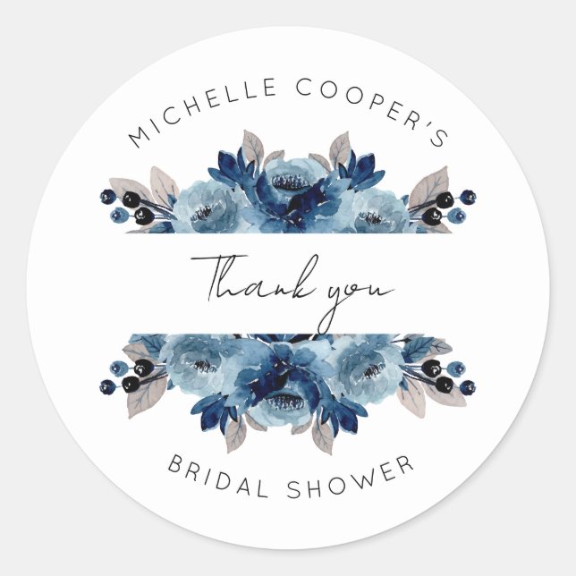 Sticker Rond Bleu poussiéreux et Merci floral de marine (Devant)