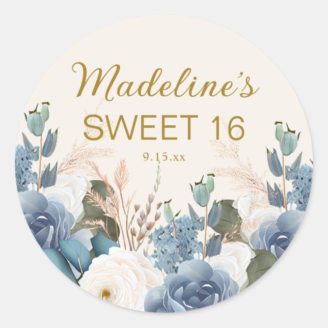 Sticker Rond Bleu Poussiéreux Fleurs Blanches Douce 16 Ans Nom  (Devant)