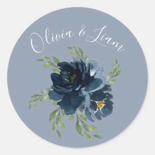 Sticker Rond Bleu Poussiéreux Floral Aquarelle Moderne Script