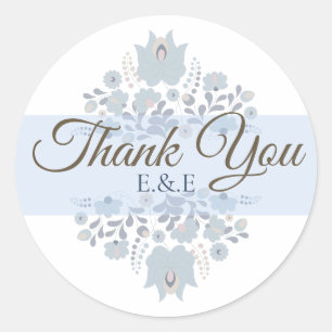 Sticker Rond Bleu Poussiéreux Floral Folk Merci