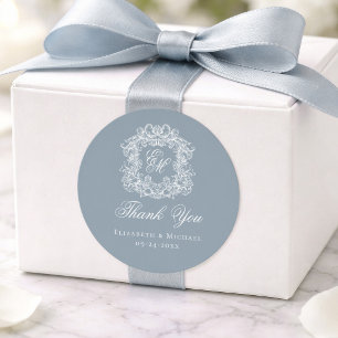 Sticker Rond Bleu Poussiéreux Monogramme Crête de Mariage Remer
