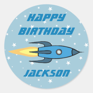 Sticker Rond Bleu Retro Rocket Ship Personnalisé Birthday Boy