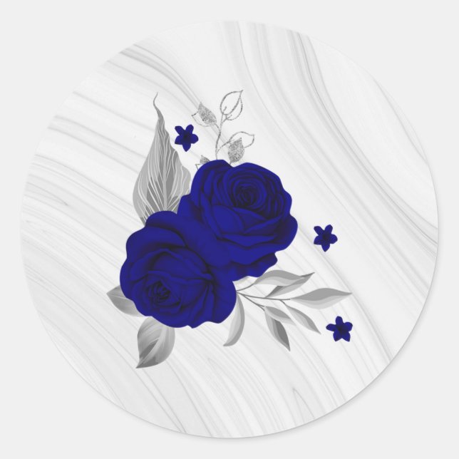 Sticker Rond bleu roi fleurs argent marbre feuille (Devant)