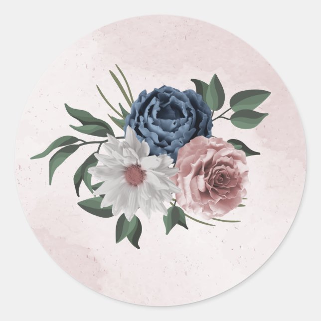 Sticker Rond bleu rose blanc vert fleuri mariage (Devant)