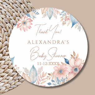 Sticker Rond Bleu rose Floral Boho Chic Baby shower Merci