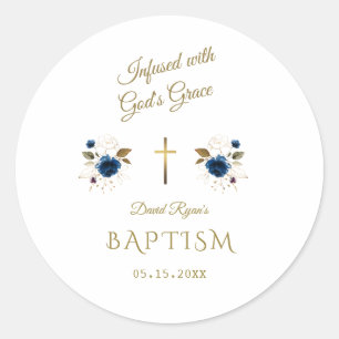 Sticker Rond Bleu rose Floral Or Calligraphie Jumeaux Baptême