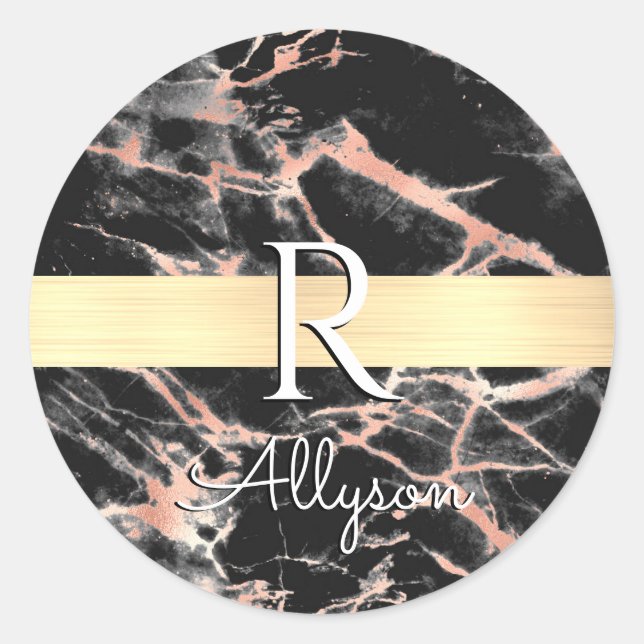 Sticker Rond Bleu & Rose Gold Marble Barre Or, What Nom Monogra (Devant)