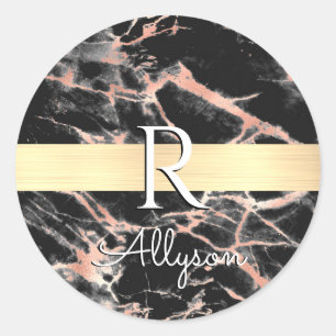 Sticker Rond Bleu & Rose Gold Marble Barre Or, What Nom Monogra