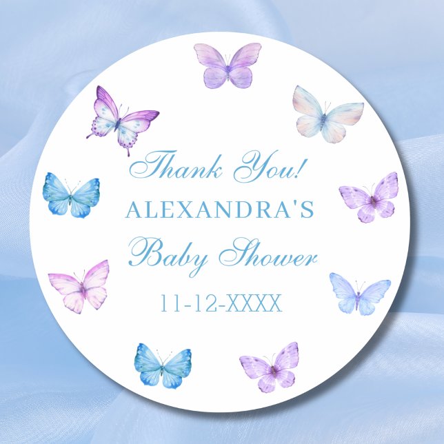 Sticker Rond Bleu rose violet Baby shower papillon Merci (Créateur téléchargé)