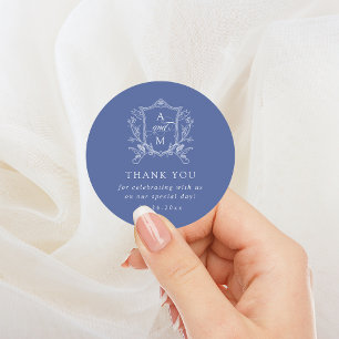 Sticker Rond Bleu Royal Couronne Vintage Mariage Remerciements