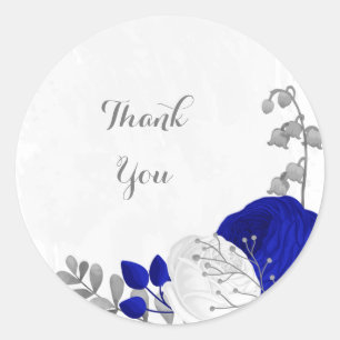 Sticker Rond bleu royal et fleurs blanches argent