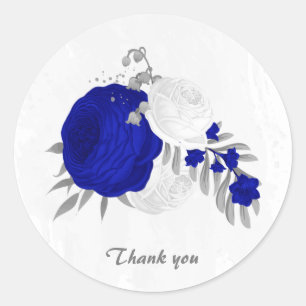 Sticker Rond bleu royal et fleurs blanches argent