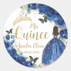 Sticker Rond Bleu Royal Floral Princesse Or Quinceañera Quince