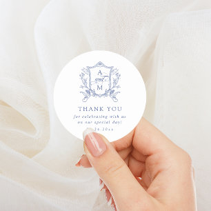 Sticker Rond Bleu Royal Vintage Crest Mariage Remerciements