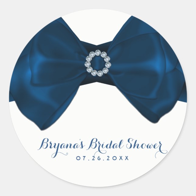Sticker Rond Bleu Ruban & Diamants Fête des mariées Élégant Fav (Devant)