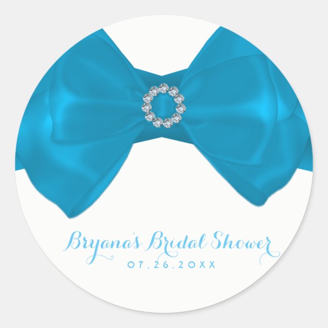 Sticker Rond Bleu Ruban & Diamants Fête des mariées Élégant Fav (Devant)