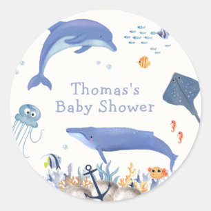 Sticker Rond Bleu Rustique Océan Dolphin Whale Boy Baby shower