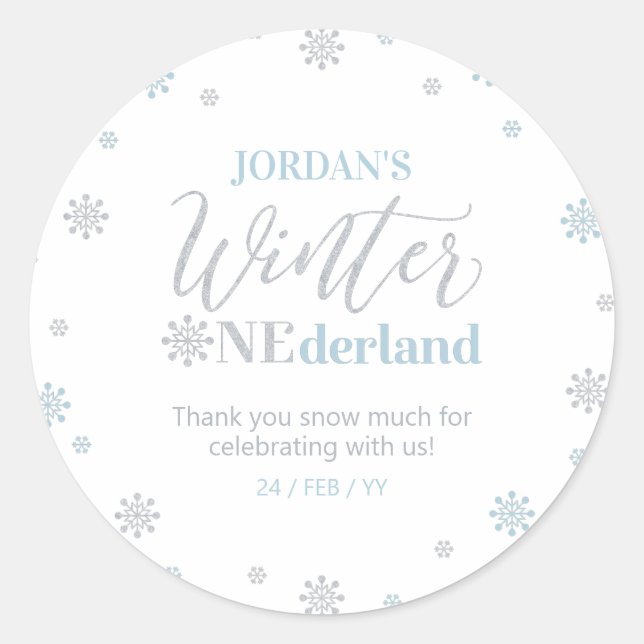 Sticker Rond Bleu Silver hiver onderland Merci neige beaucoup (Devant)