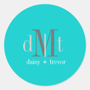 Sticker Rond Bleu simple d'Aqua+Autocollants de monogramme de