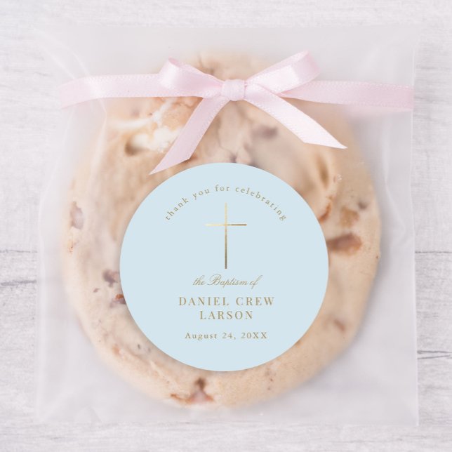 Sticker Rond Bleu Simple Elegant Croix Or Baptême Christening (Créateur téléchargé)