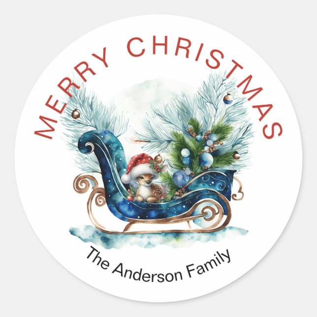 Sticker Rond Bleu Sled Bébé Reindeer (Devant)