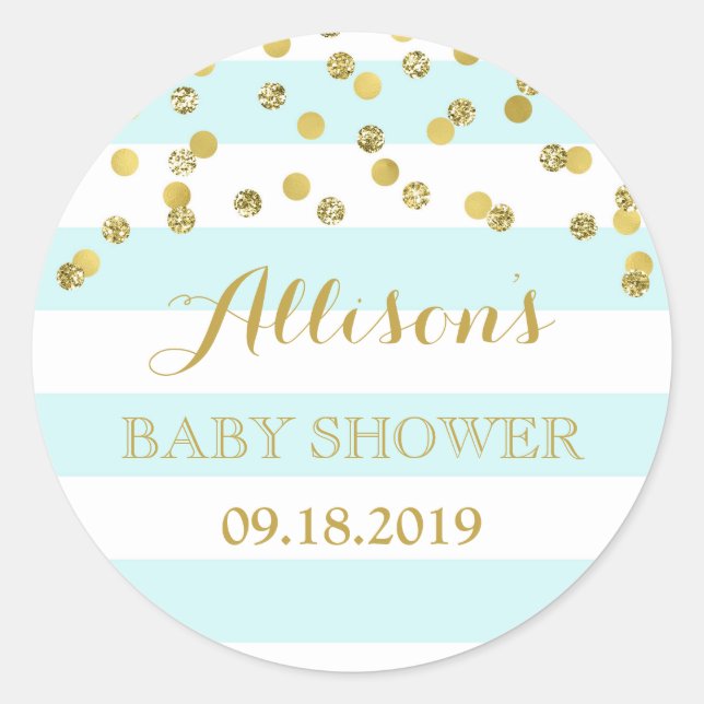 Sticker Rond Bleu Stripes Gold Confetti Baby shower Favoriser b (Devant)