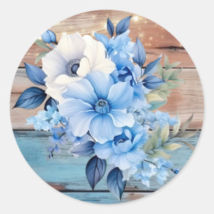 Sticker Rond Bleu Tan Bois Lumières Mariage Floral
