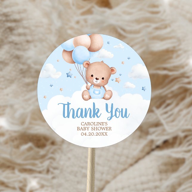 Sticker Rond Bleu Teddy Bear Nuages Baby shower à ballon (Blue Teddy Bear Clouds Balloon Baby Shower Sticker)