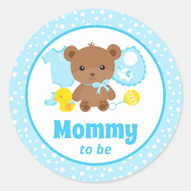 Sticker Rond Bleu Teddy ours Baby shower maman à être (Devant)