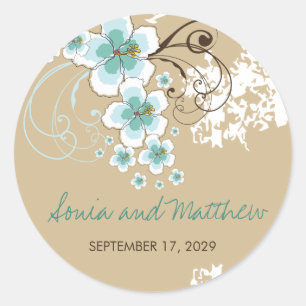 Sticker Rond Bleu tropical Hibiscus Plage Mariage Favoriser Sti