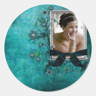 Sticker Rond bleu turquoise avec fleurs modèle photo