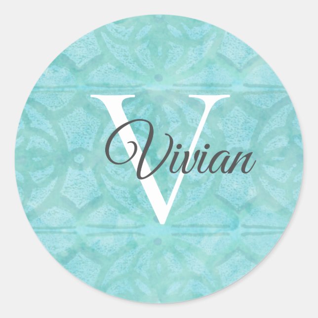 Sticker Rond  Bleu Turquoise Avec Nom Monogramme Blanc (Devant)