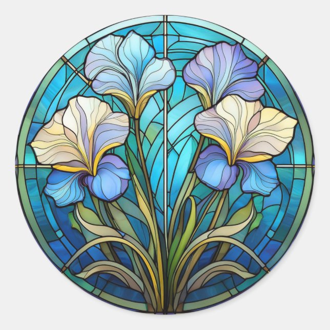 Sticker Rond Bleu Turquoise Floral Art Nouveau Vitrail (Devant)