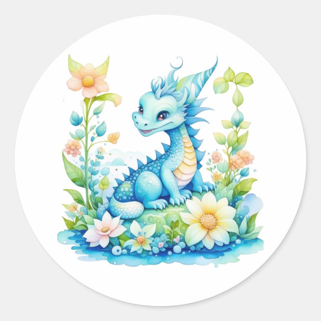 Sticker Rond Bleu Turquoise Vert Imaginaire Dragon (Devant)